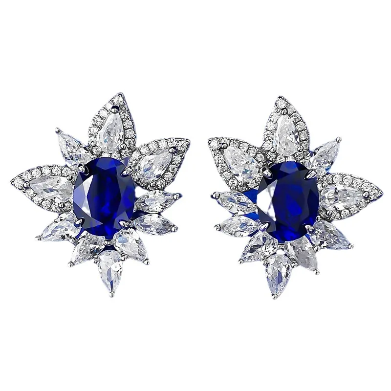 New European and American S925 Silver 2 Carat Blue Corundum Oval Earrings Classic Light Luxury Versatile Cross border Style