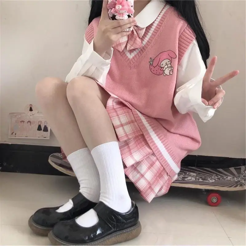 

My Melody coat Miniso Cartoon Cute Women Sweater College Kuromi Jk Uniform Knit Sweater Vest Loose Girl Sweet Sleeveles Sweater