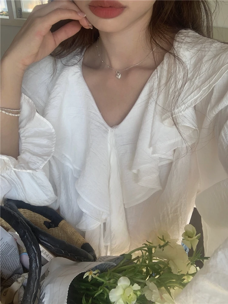 BL9888 New 2023 Elegant Lady Chic Sweet Ruffles V-Neck Fashion French Style Women Blouses Shirts Spring Summer Vintage Tops