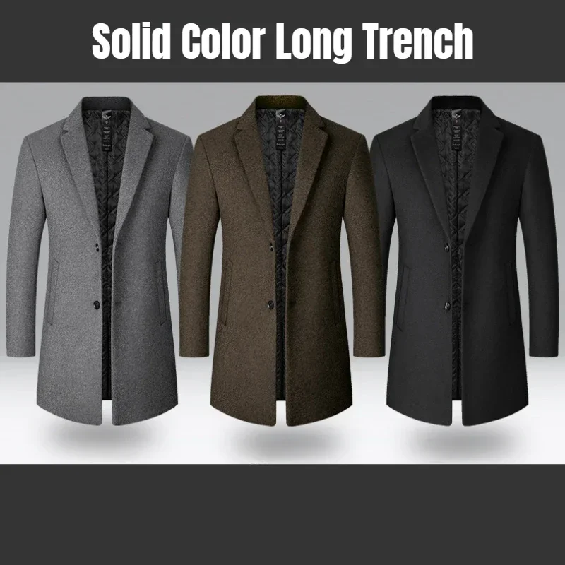 Herfst En Winter Trenchcoat Mannen Nieuwe Effen Kleur Lange Wollen Jas Voor Mannen Business Casual Windjack Mannen Kleding