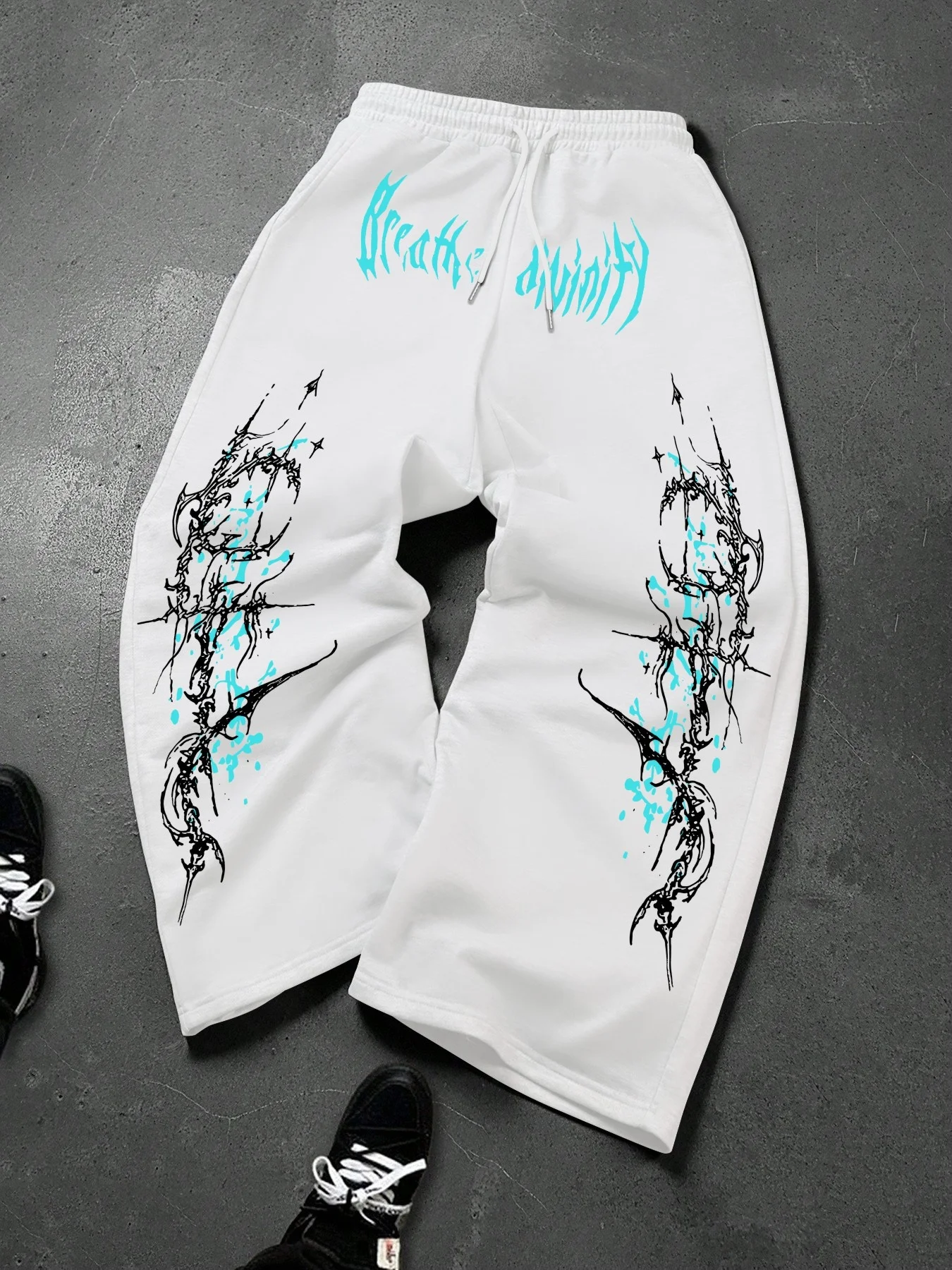 Men Gothic Vertical Graphic Wide Leg Sweatpants Drawstring Loose Straight Baggy Y2K Dark Punk Streetwear Pants.