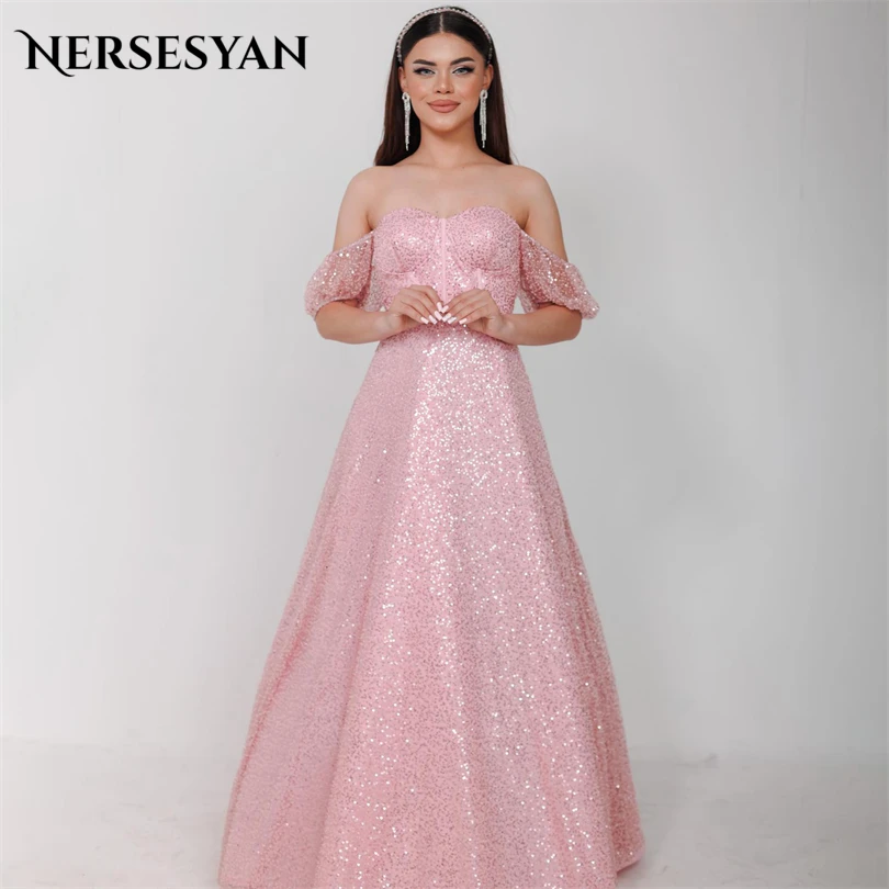 

Nersesyan Luxury Pink Chiffon Glitter Evening Dresses Off The Shoulder A Line Party Gown Floor-Length Draped Vestidos De Fiesta