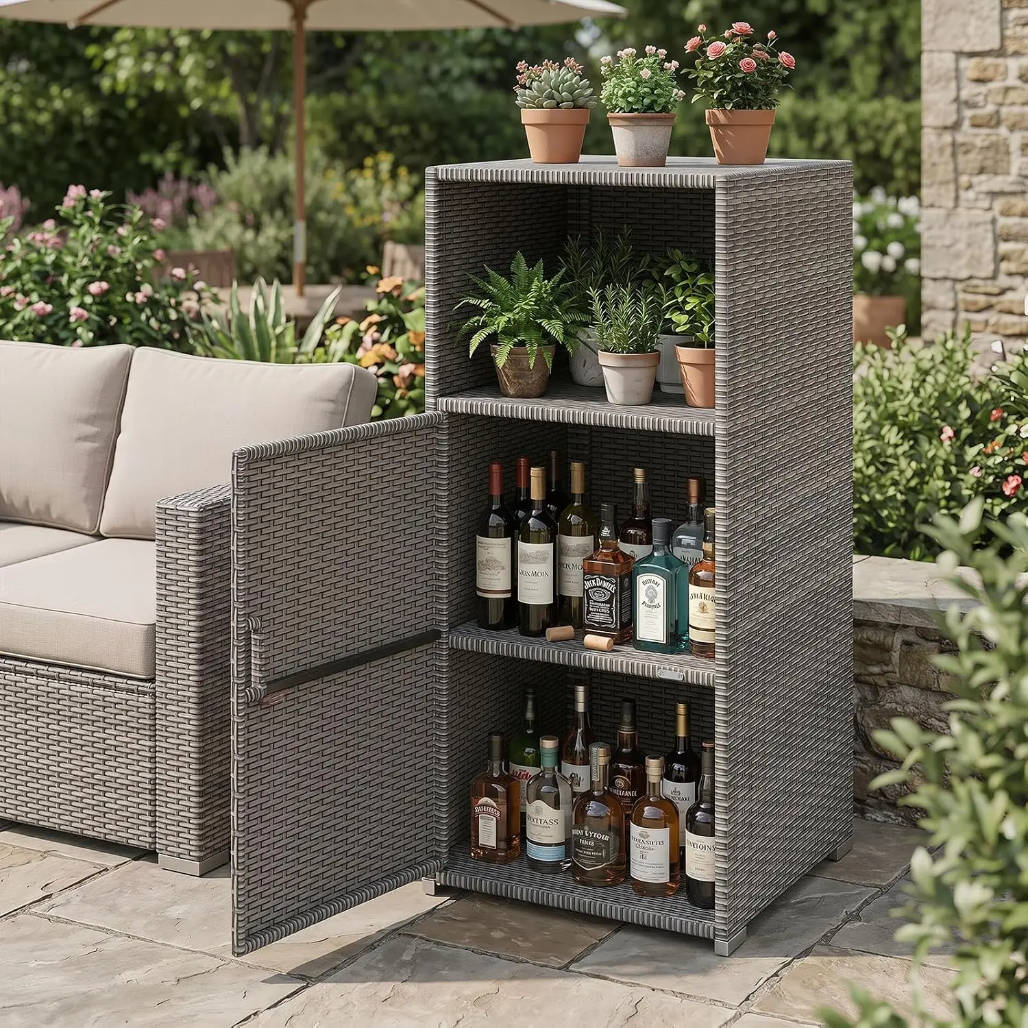 Outdoor Rattan Storage Cabinet Featuring Three Storage Shelves