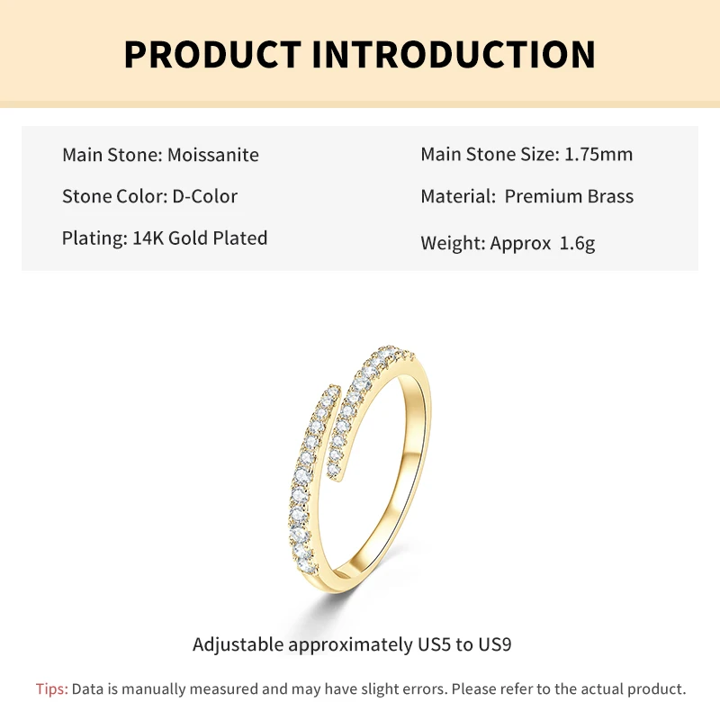 Rrjzz D-Farbiger Voll-Moissanit Halb-Eternity-Ring GRA Runder Labor-Imitationsdiamant Damen Verstellbarer Offener Ring Schmuck Geschenke – Detail 1