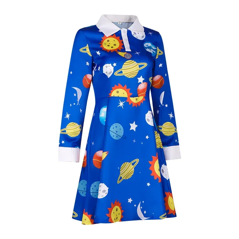 The Magic School Bus Miss Frizzle Costume Women Halloween Costumes Teacher Cosplay Outfit Vintage Blue Long Sleeve Dress goi/6