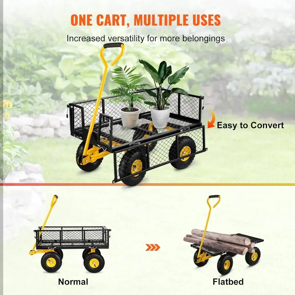 Troli berkemah keranjang taman baja tugas berat kapasitas 500 Lbs dengan sisi jaring yang dapat dilepas untuk mengubahnya menjadi troli halaman datar tangan