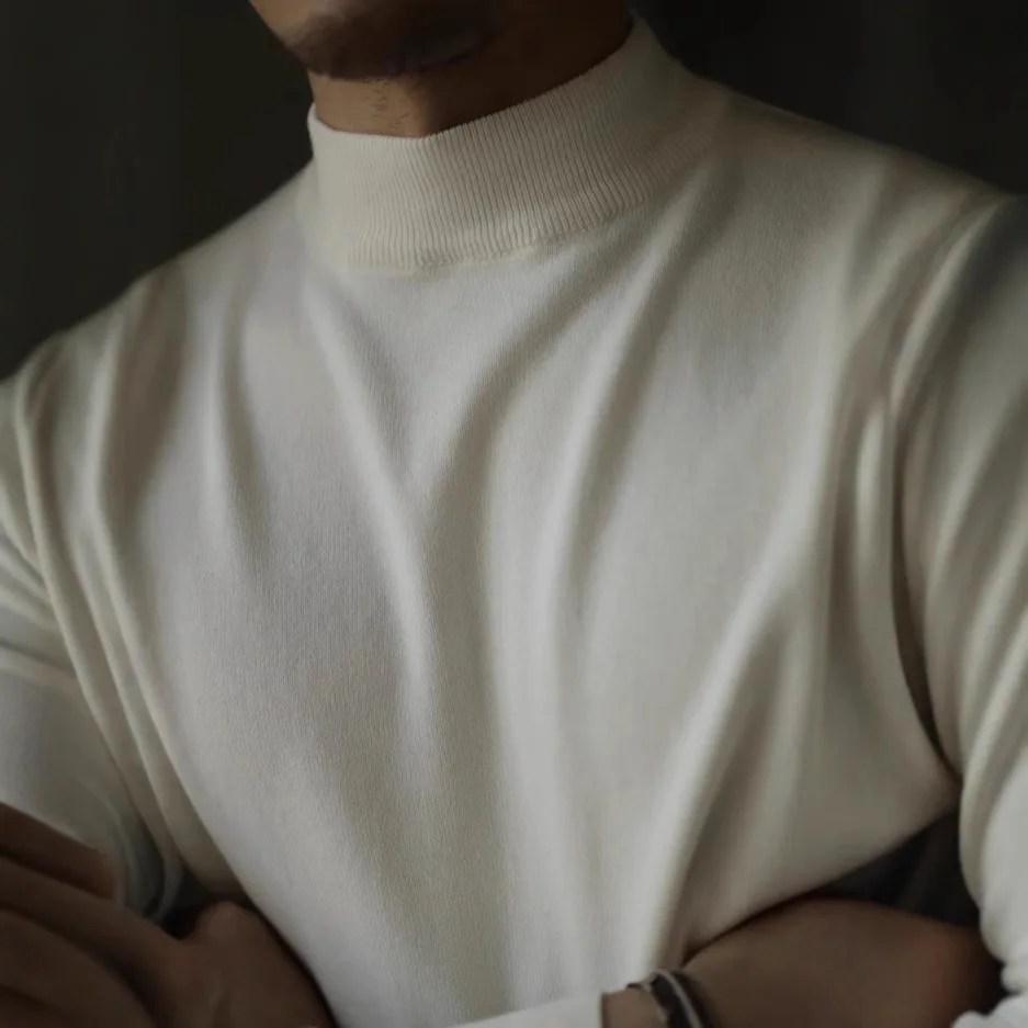 الرجال نصف الياقة المدورة طويلة الأكمام سترة الموضة الأمريكية سليم صالح ملابس العمل البلوفرات متماسكة قميص أساسي كبير الحجم #2