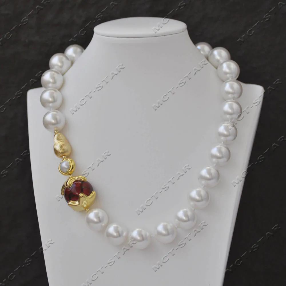 MCT·STAR 18'' 25mm White Round Shell Pearl Flame Colored Glaze ball Golden Pea Necklace (Z14355)