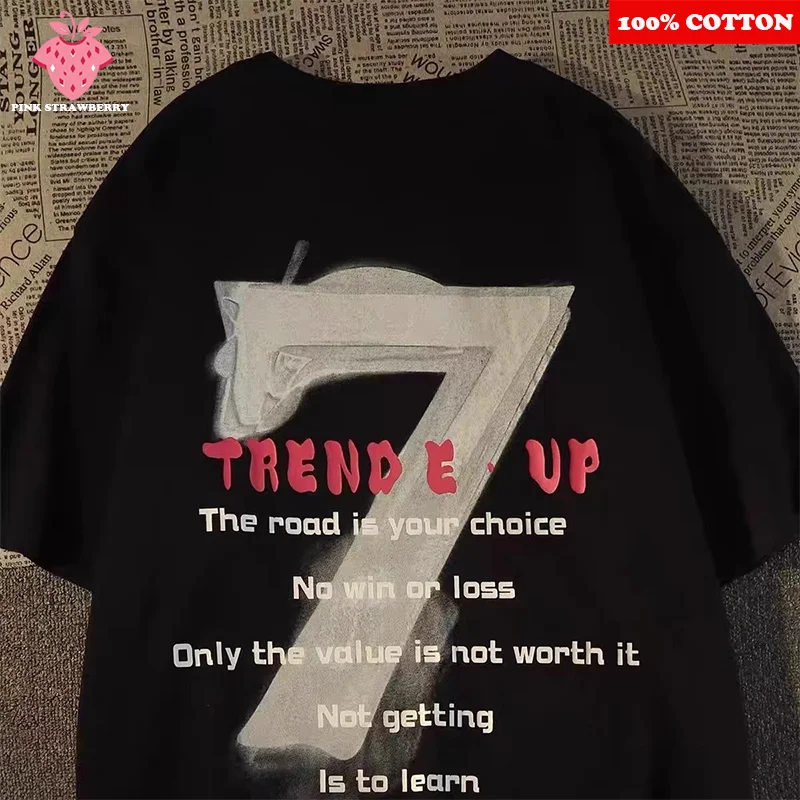 

7 American style Hiphop Street T-shirt Men's Summer 2025 New 100% Cotton Loose Casual Short sleeve T-shirt Y2k Top mens clothing