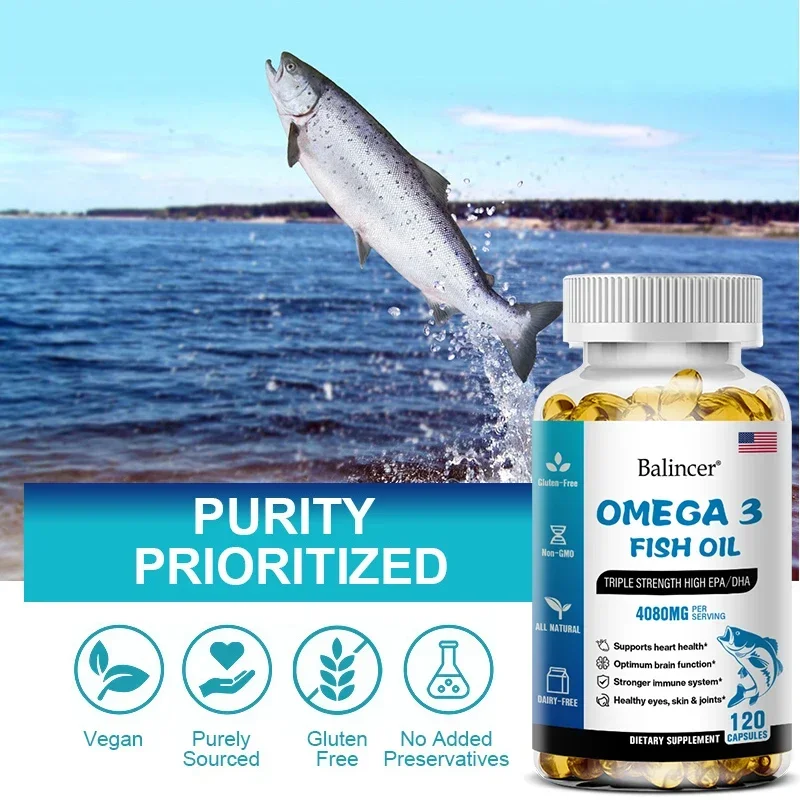 Fish Oil, Dietary Supplement, Omega-3, Supports Heart Health Brain Skin Joints Immune & Eyes, 4080mg, 120 Rapid Release Softgels