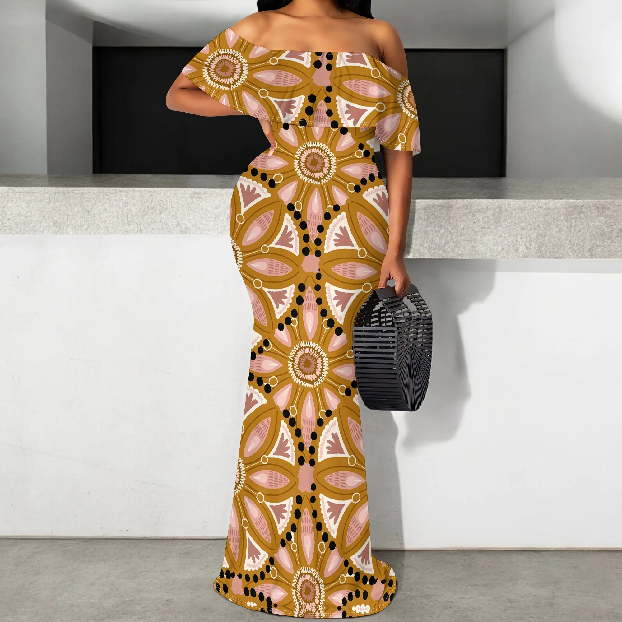 

African Print Off Shoulder Maxi Dress for Women S-3XL Elegant Mermaid Fit Ankara Style Dress for Wedding or Church Wear