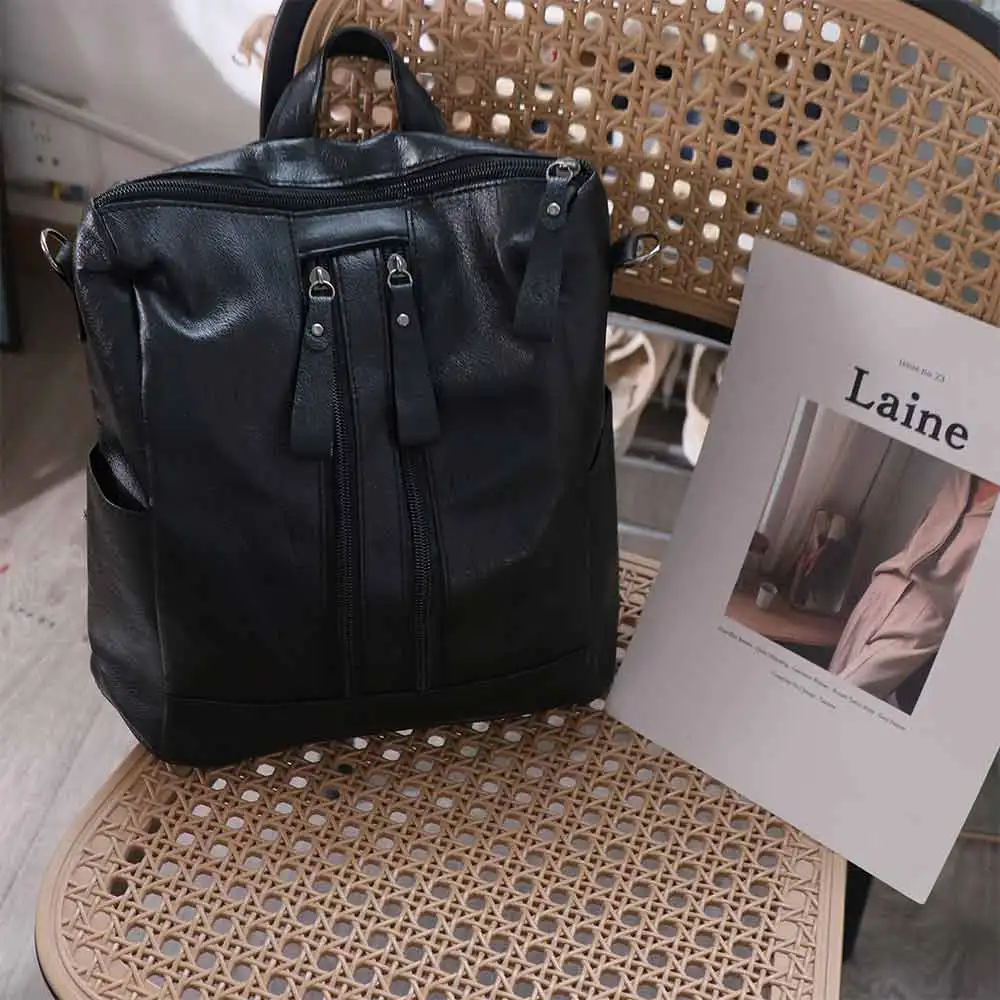 Black Leather Backpack Large Capacity Soft Leather Korean Style Backpack Quilted Design Solid Color Multifunctional School Bag