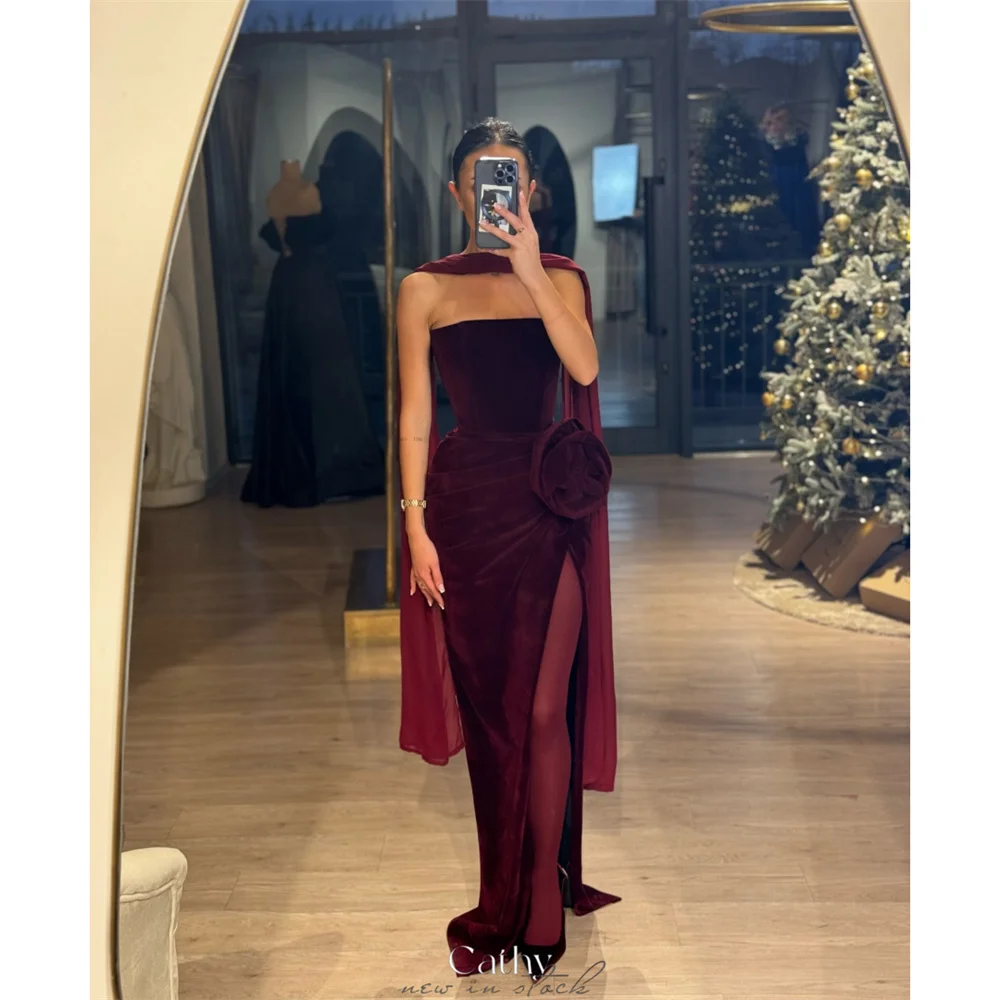 

Cathy Burgundy Strapless 3D Flowers Prom Dress Mermaid Floor-length vestidos de noiva Customized Side Slit Formal Evening 2025