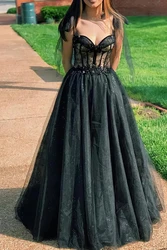 Prom Dresses Black Spaghetti Tull Floor-length Bow Sleeveless Formal Occasion Dresses Floor-length Zipper Up Cocktail Dresses