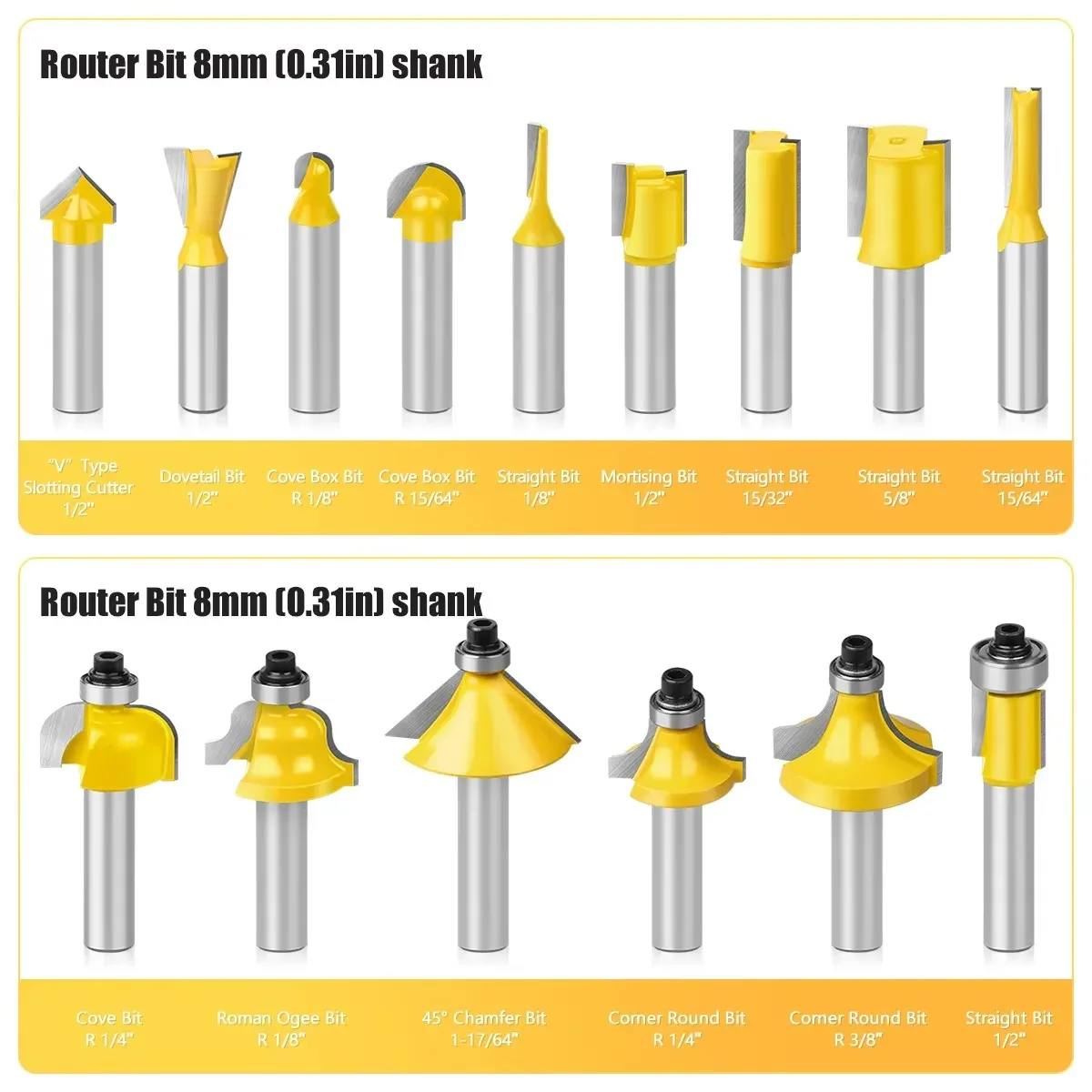 15pcs 8mm Shank Router Bit Set Trimming Straight Beading Milling Cutter Carbide Cutting Woodworking Tools