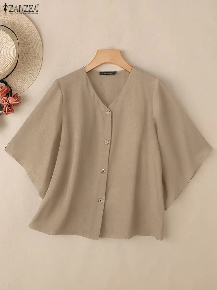 

ZANZEA 2026 Spring Dolman Sleeve Shirts Women Fashion V-Neck Half Sleeve Solid Color Buttons Lightweight Cardigans Woman Clothes