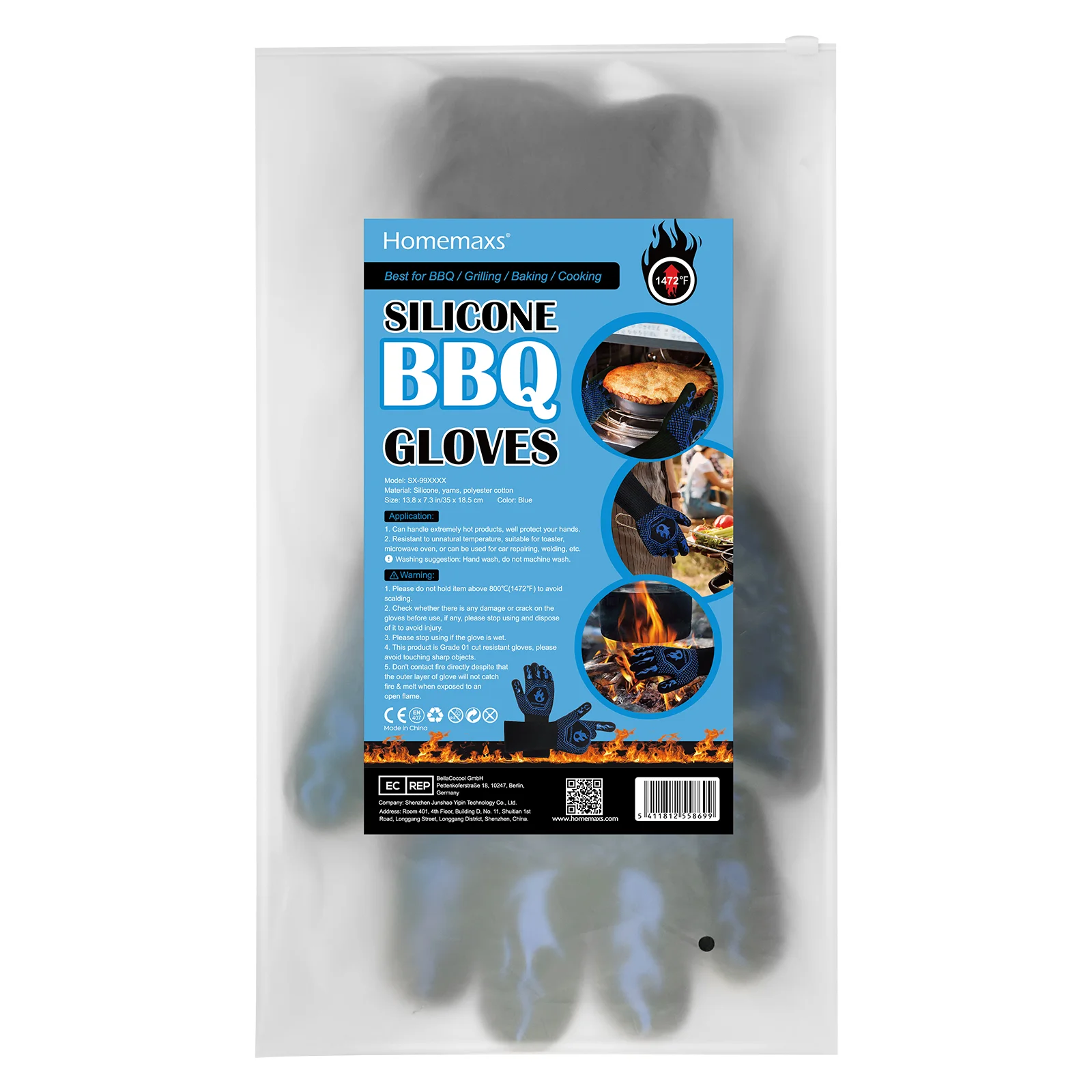 HOMEMAXS 1 par de luva de forno resistente ao calor inferior a 800 ℃   Luvas protetoras de silicone para grelhar para churrasco (pretas)