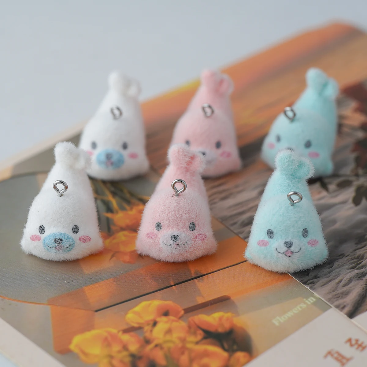 15pcs Flocked resin Cartoon Doll pendant Plush marine animals Seal Charms for Earrings keychains DIYJewelry making