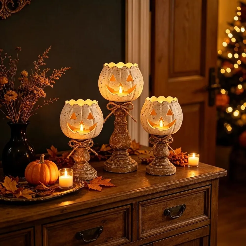 Cutout Face Pumpkin Tealight Candle Holder Retro Jute Bow Pumpkin Tealight Holder Wood-Look Base Scalloped Top