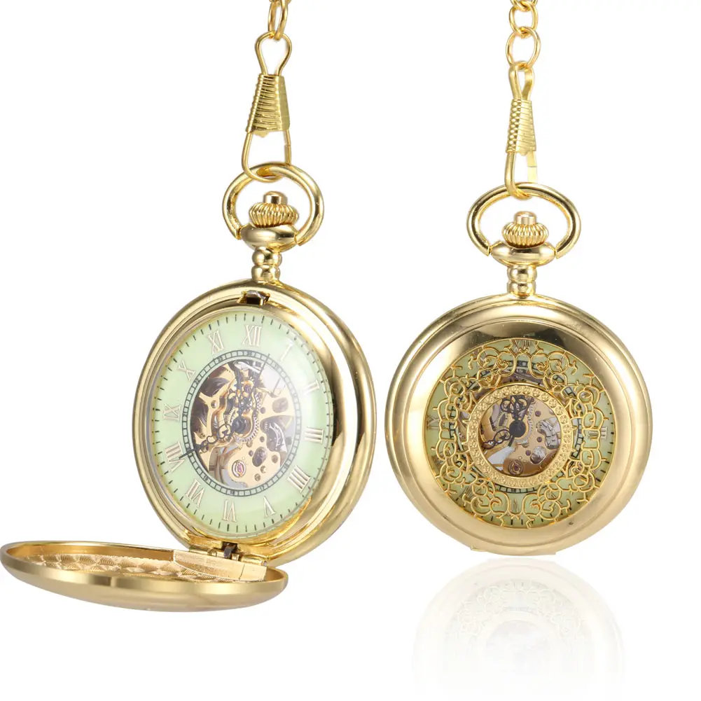 

Men Women Mechanical Pocket Watchs Golden Hollow Carved Case with Chain for Anniversary Exquisite Gift
