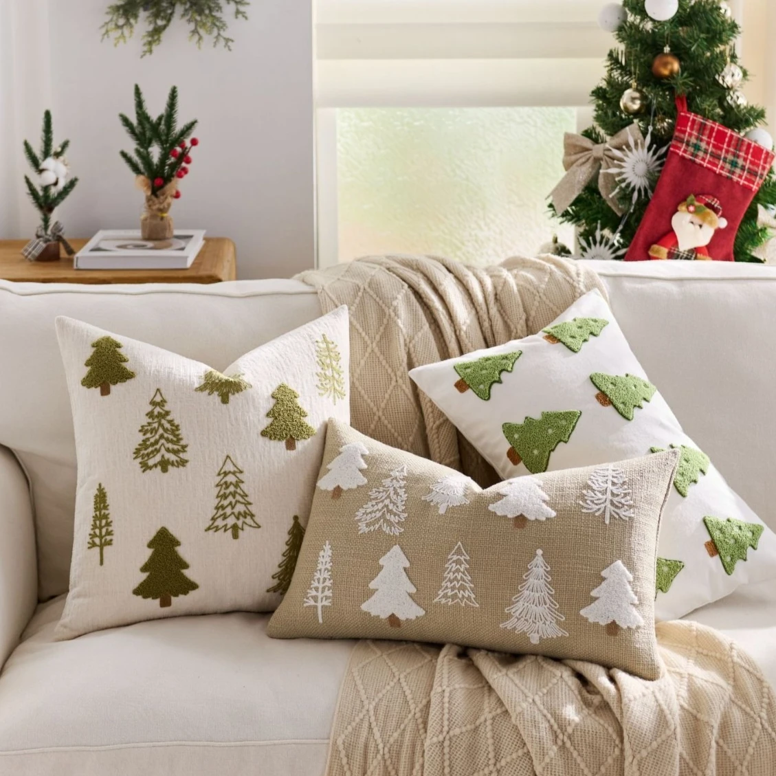 

Christmas Decorative Pillow Cover Embroidered Trees Deer Snowflakes Soft Cozy Cushion 45x45cm 30x50cm for Living Room & Bedroom