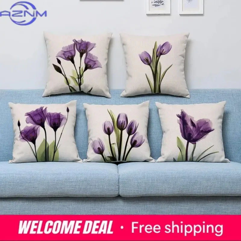 Elegant Tulip Purple Flower Linen Throw Pillow Cover Sofa Couch Art Painting for Living Room Cushion Cover Modern Home Decor