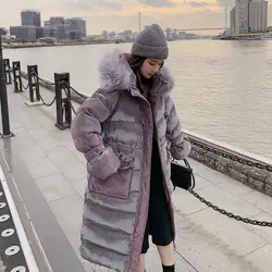 Long Hooded Down Cotton Coat Women 2023 Winter Puffer Parkas Thicken Warm Cotton-Padded Jacket Coat Belt Big Fur Collar Overcoat