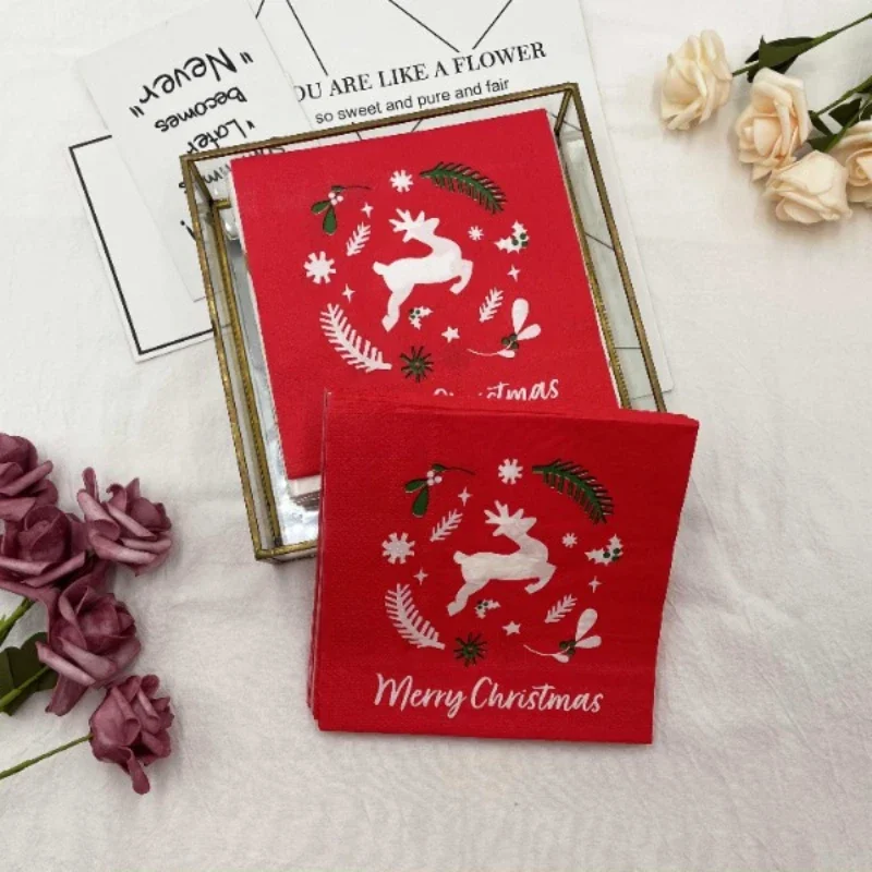 20 قطعة 33 سنتيمتر 2-Layer حفلة عيد الميلاد الأحمر الأزهار طباعة المناديل ، الأيائل تحت عنوان مفارش المائدة ، DIY Decoupage ورقة