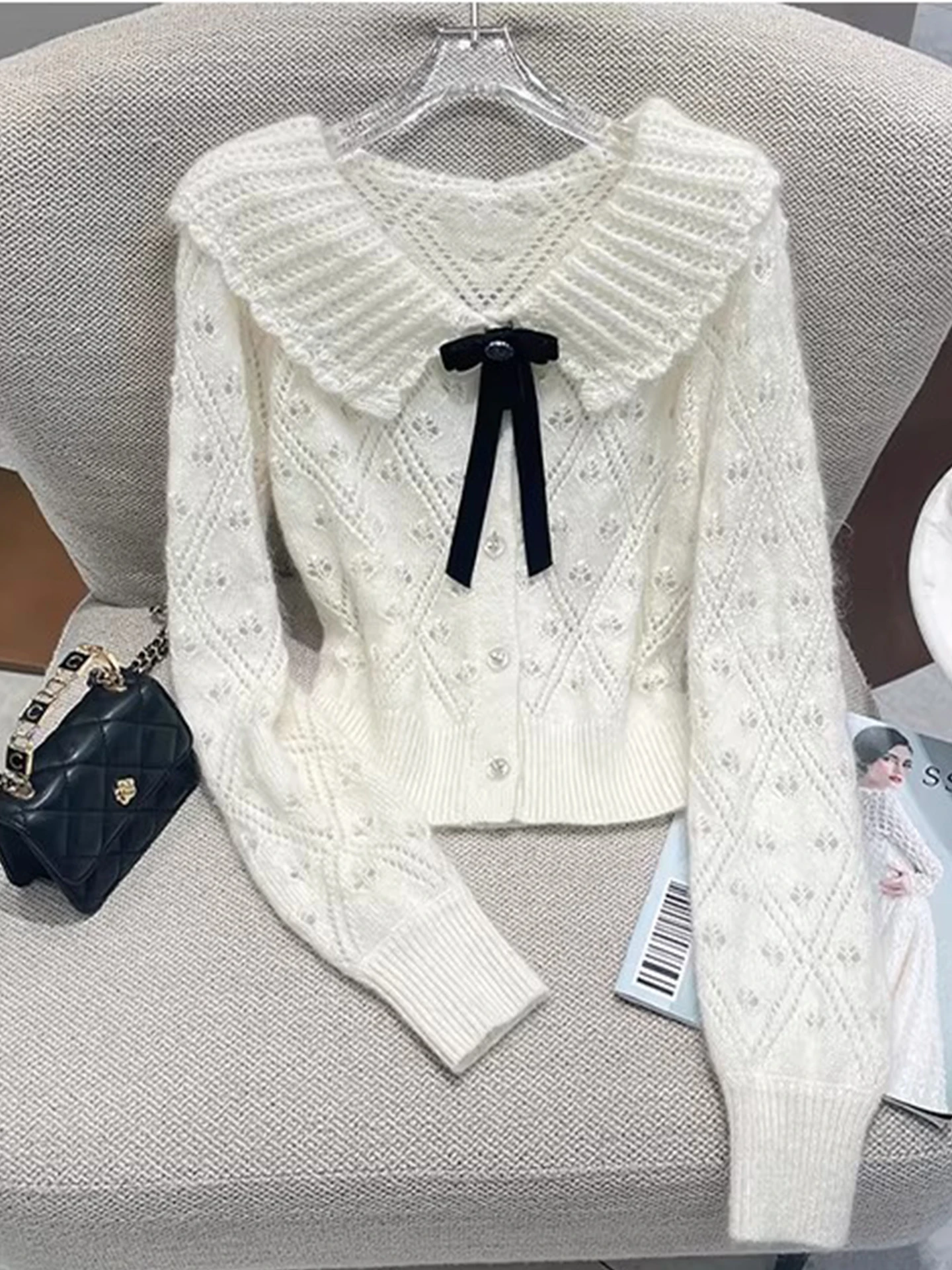 

Princess Style Knitted Sweater with Hollow out Design Knot Lace Collar Doll Shirt Long Sleeve Spring New Arrival
