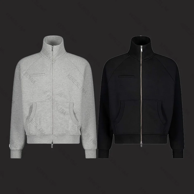 

American high street vintage stand up collar long sleeved jacket full zipper design simple men/women versatile casual hoodie emo