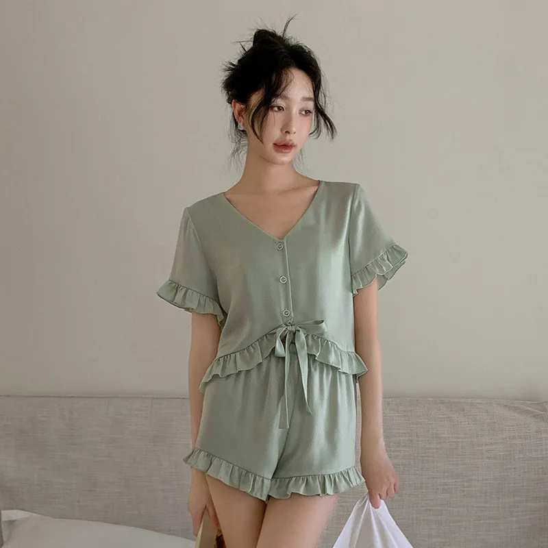 Spring And Summer New Ice Silk Sweet Pajamas For Women With Wooden Ear Edge Design Breathable Short-sleeve Shorts Pyjamas Sets