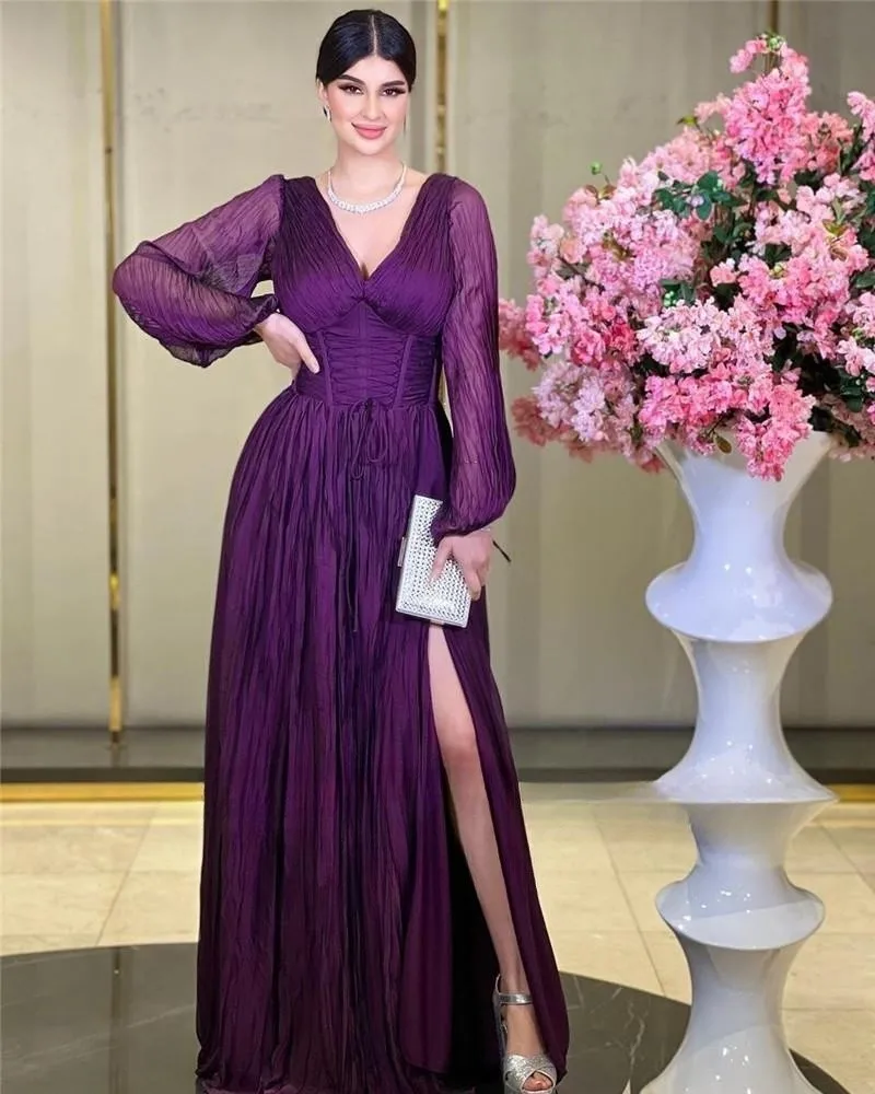 Fashionvane 2024Customized V Neck Evening Dresses Saudi Arabia Women Wear Long Sleeves Dubai Special Party Prom Gowns Side Slit