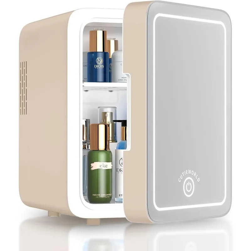 Skincare Fridge With Dimmable LED Light Mirror, 4L Makeup Mini Fridge for Bedroom, Car, Skin Care and Food, light brown