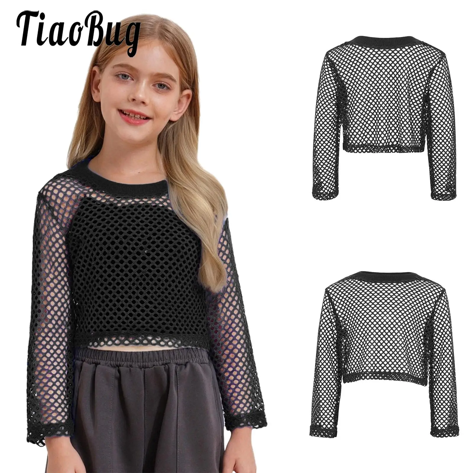 

Kids Girls See-Through Fishnet Hollow Out T-Shirts Round Neck Long Sleeve Crop Tops for Skateboarding Hip-Hop Street Dancewear