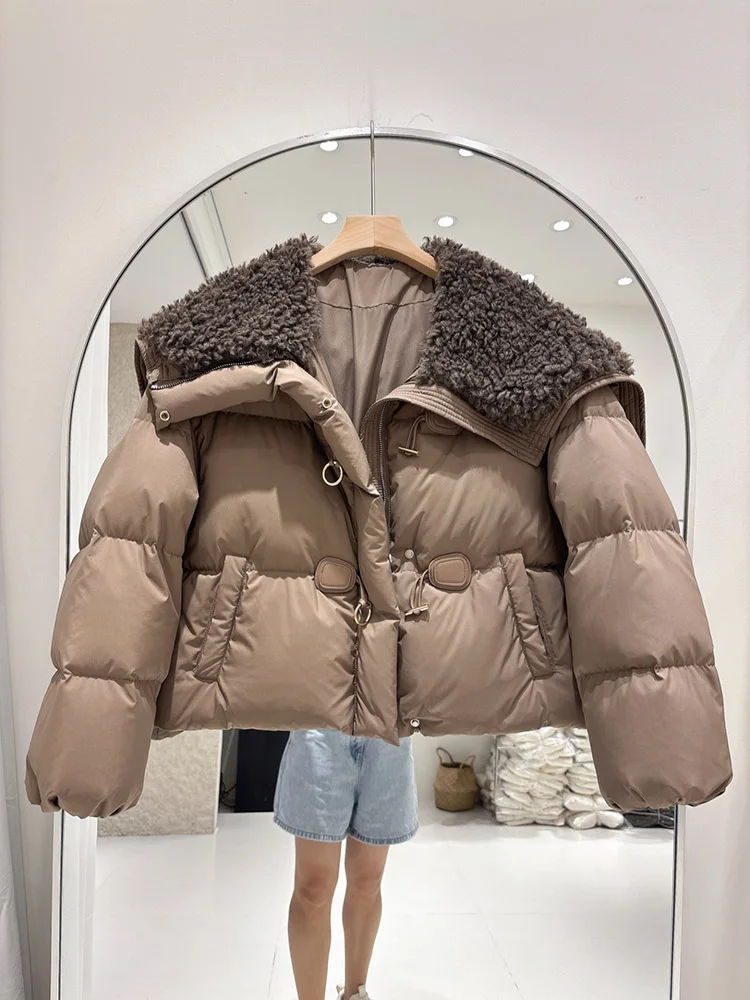 Winter new lamb down jacket women's short style cow horn buckle fashionable versatile white duck down splicing jacket