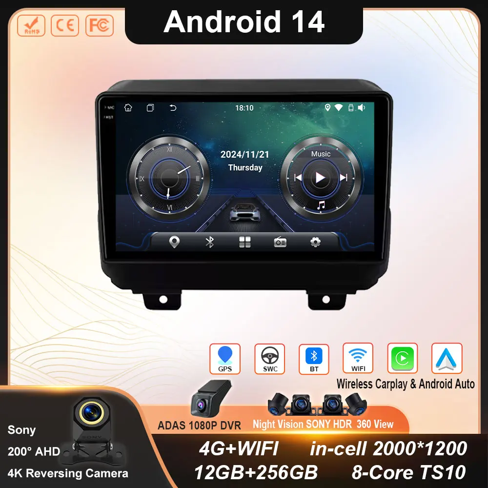

Android14 For Jeep Wrangler 4 JL 2018 - 2019 Car Radio Multimedia Video Player Navigation stereo GPS Android Auto Carplay 4G BT