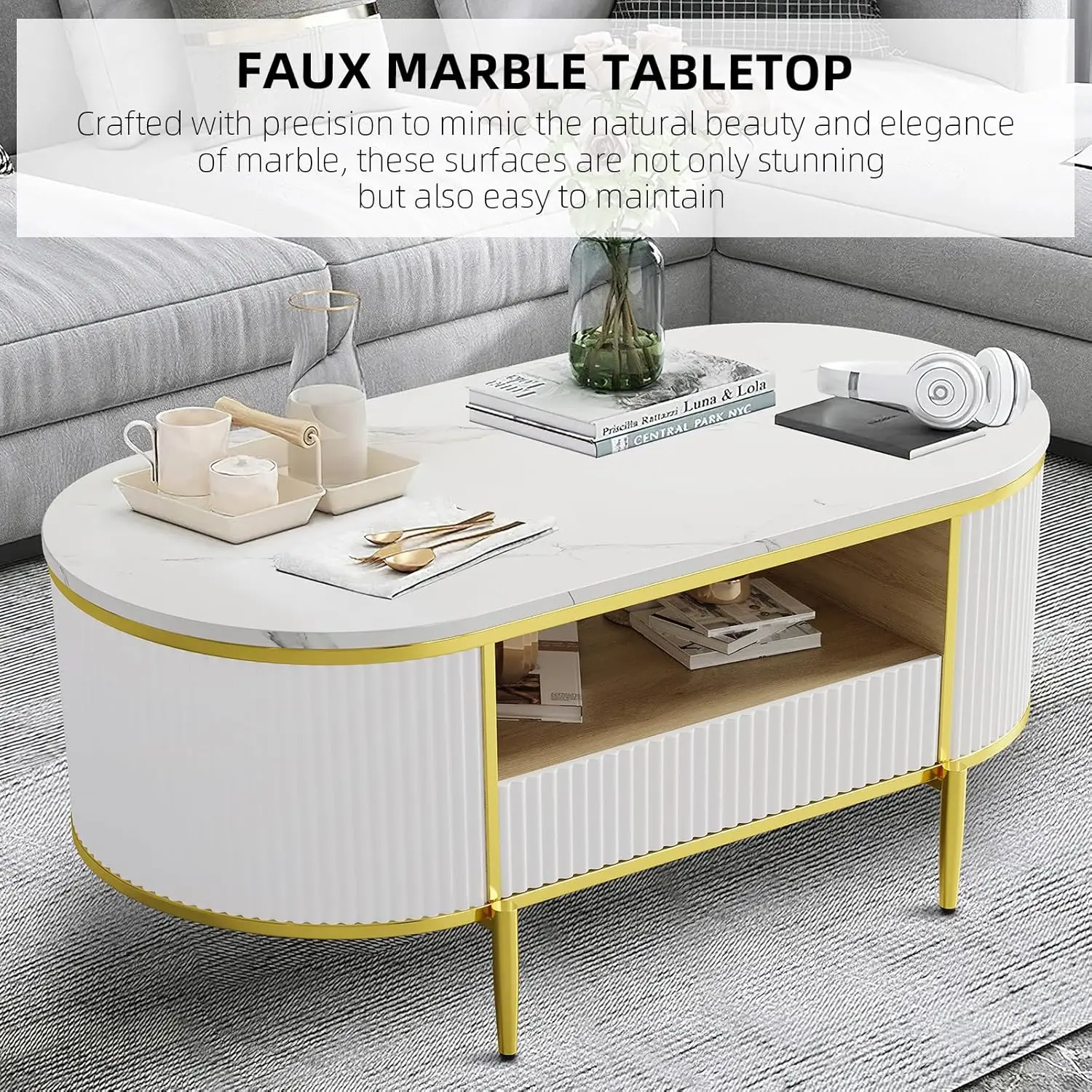Modern Fluted Coffee Table Modern Oval Coffee Table with Drawer Curved Profile Center Table with Storage for Living Room White