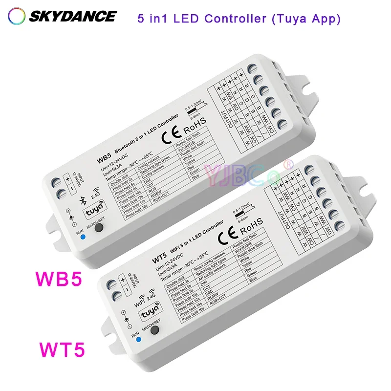 

Skydance 12V 24V WT5 WiFi / WB5 Bluetooth-compatible RGB,RGBW,RGB+CCT,CCT,Single color 5 in1 LED lights controller Tuya dimmer