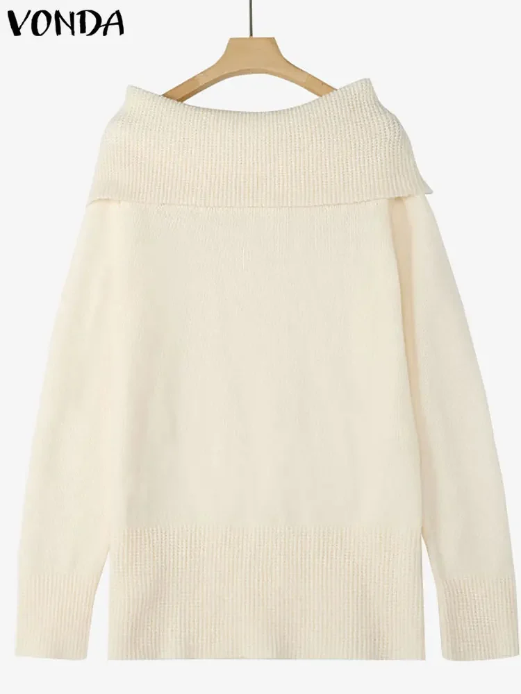 VONDA 2025 Autumn Knitted Sweater Women Fashion Sexy Off Shoulder Long Sleeve Causal Solid Pullovers Solid Color Elegant Jumpers 5