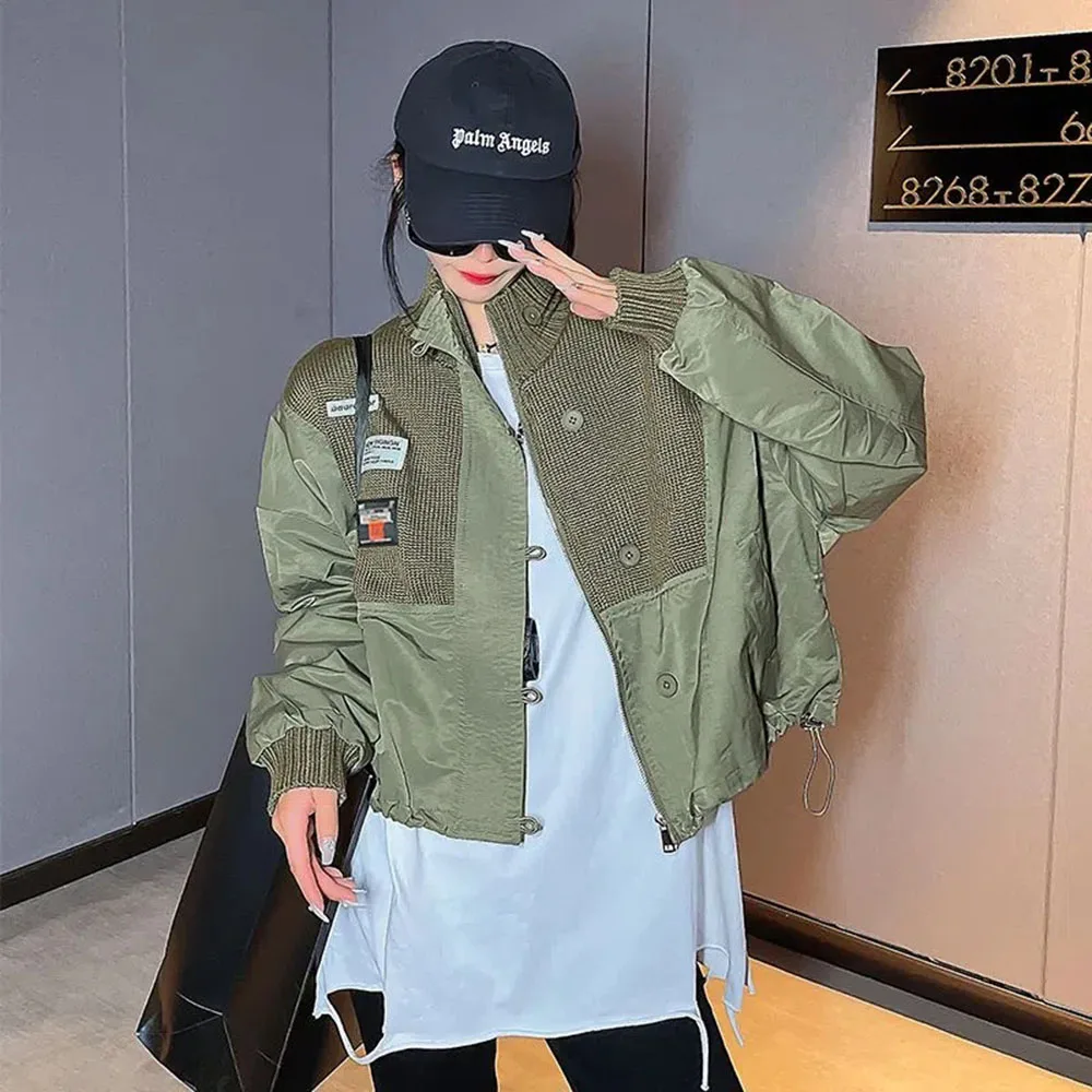 

2023 Fashion Stand Neck Women's Spring Jacket Knit Patchwork Design Casual Coat Ladies High Waist Bomber Jackets Chaquetas Mujer