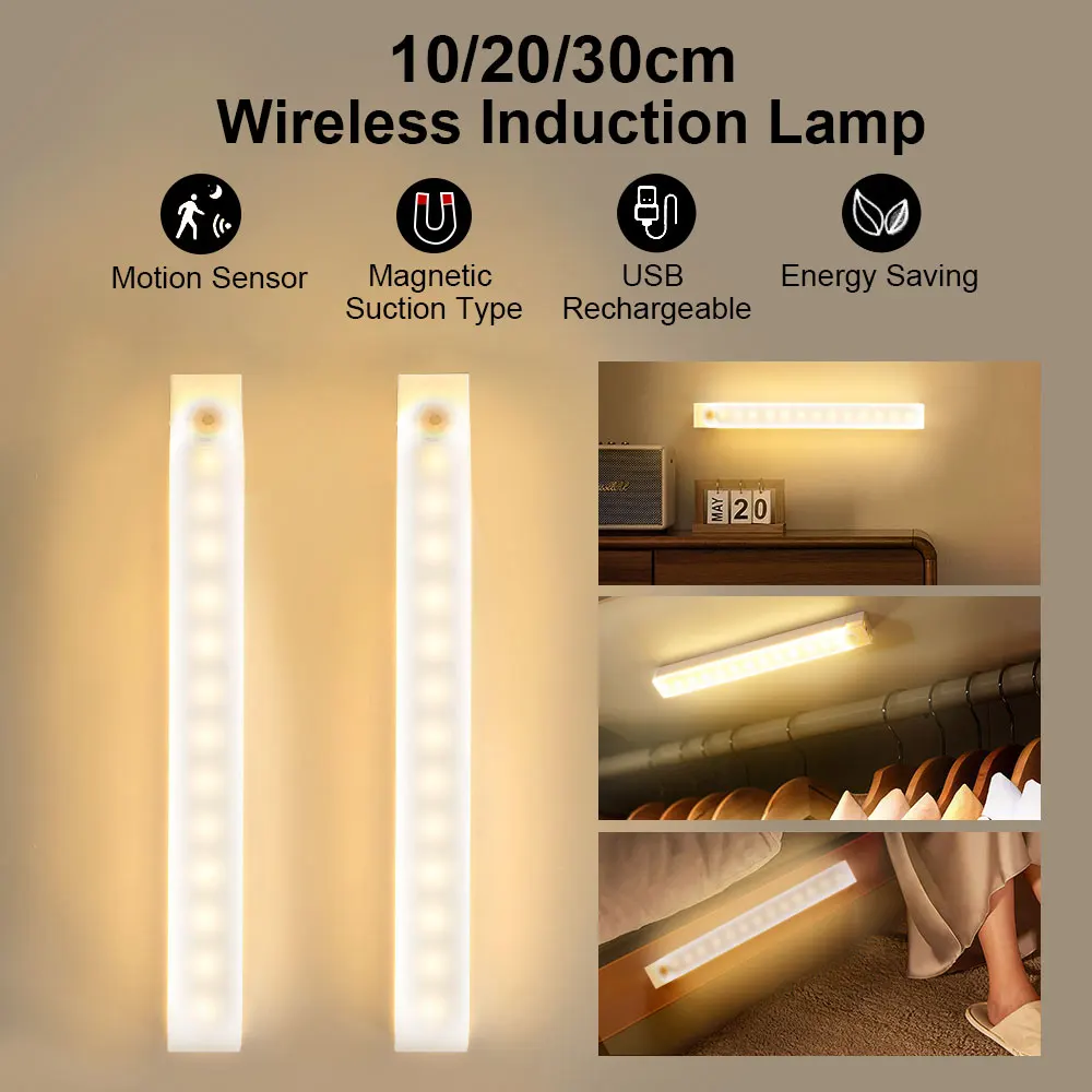 LED Cabinet Light Wireless Motion Sensor USB Rechargeable Induction Night Light Portable Detector Lamp for Wardrobe Hallway