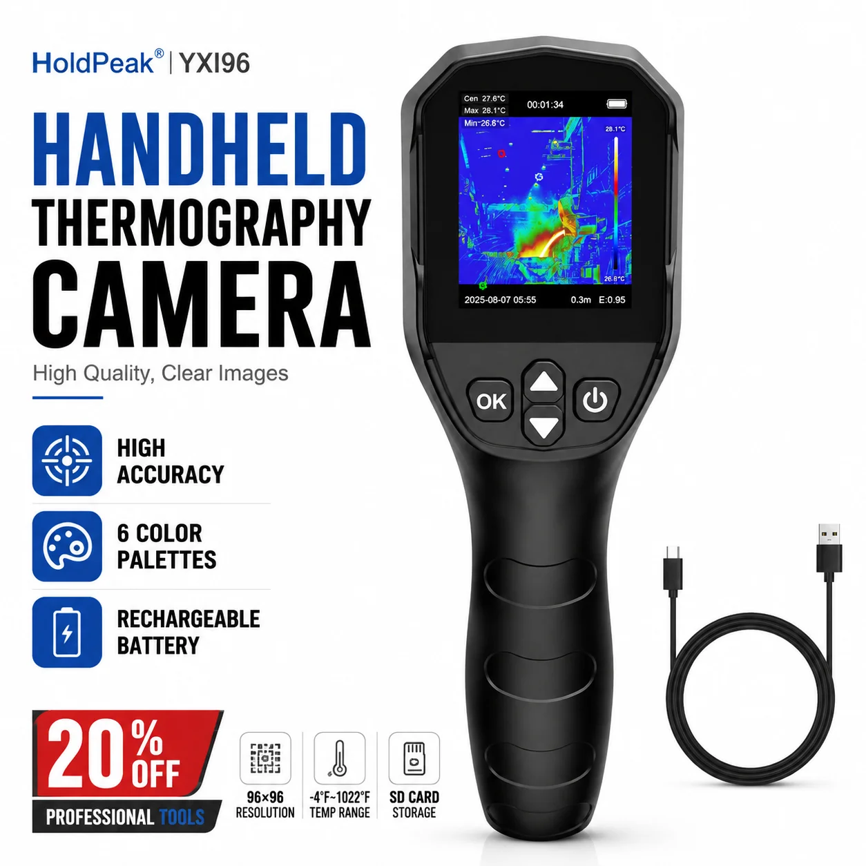 Thermal Imaging Camera Gun, Infrared Thermometer Imager w/ 240×240 TISR Resolution, 25 Hz Refresh Rate, -4°F to 1022°F for HVAC