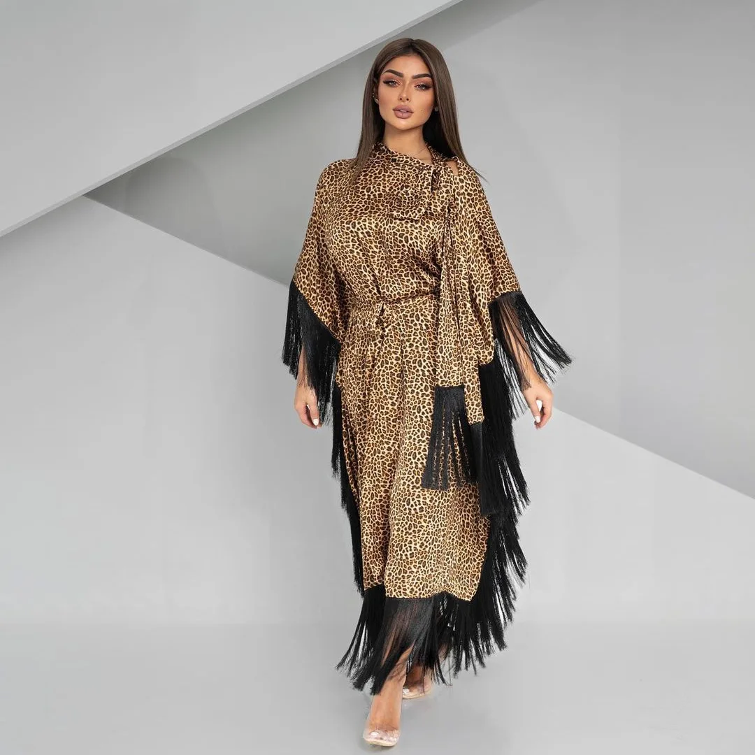 Atacado 2025 moroco kaftan vestidos leopardo robe vestido de festa moda moderna muçulmano abaya roupas mangas morcego com borla