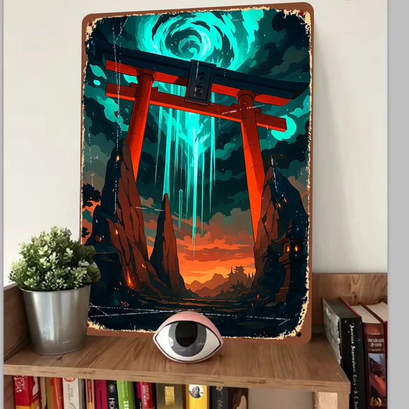 Japanese Torii Gate Magic Starry Sky Metal Wall Art Vintage Home Decor Living Room Hanging Painting