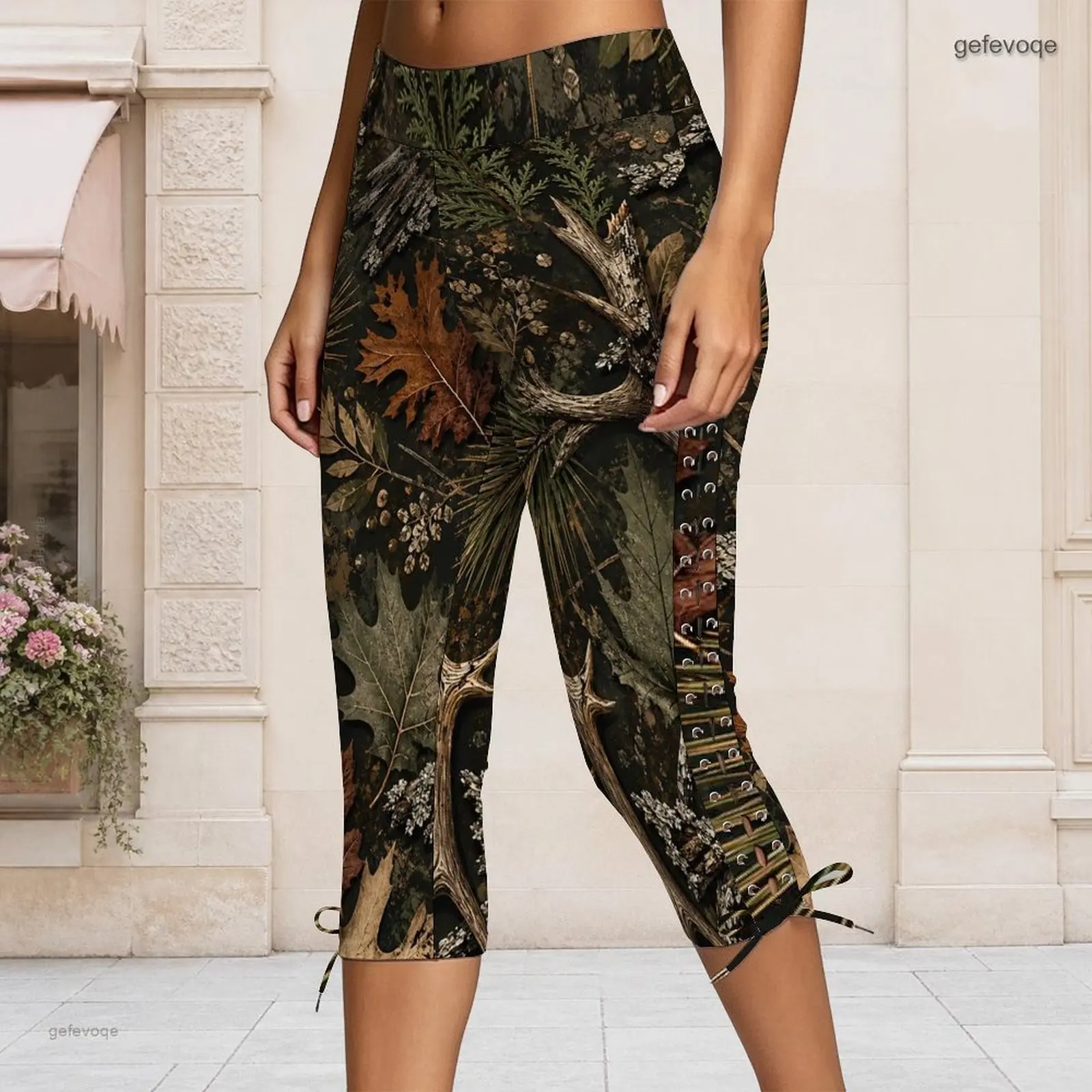 Women High Waist Fitted Abstract Leopard Printed Capri Pants with Side Eyelet Lace Up Detail