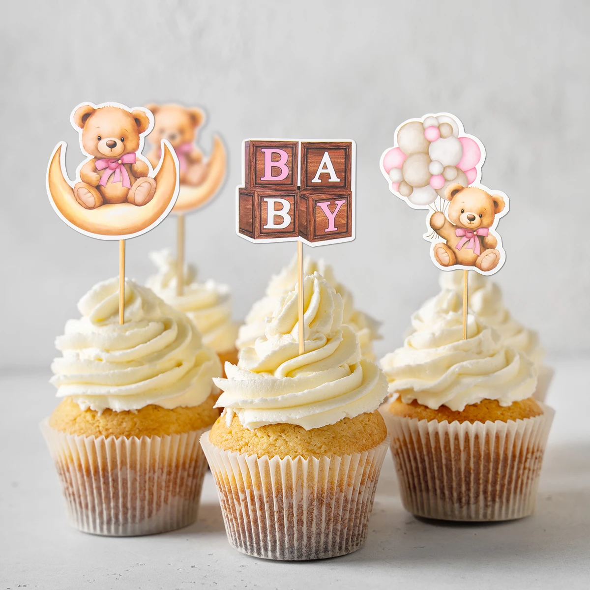 12/24pcs Cute Baby Shower Bear Cupcake Toppers Baby Bear Theme Cake Decorations Bear Birthday Party Cake Decorative Supplies