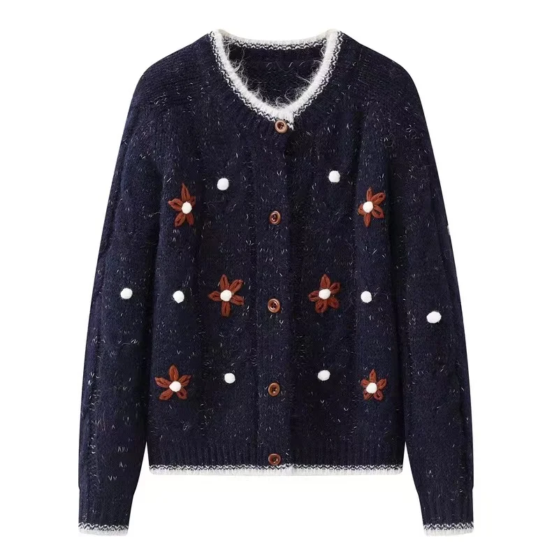 เสื้อไหมพรมปักลายดอกไม้สไตล์เรโทร สีน้ำเงินกรมท่า คอกลม สีเทา แนวฮาราจูกุ พรีปปี้ เสื้อคลุมคาร์ดิแกนสำหรับผู้หญิง เสื้อผ้าแฟชั่นฤดูหนาว