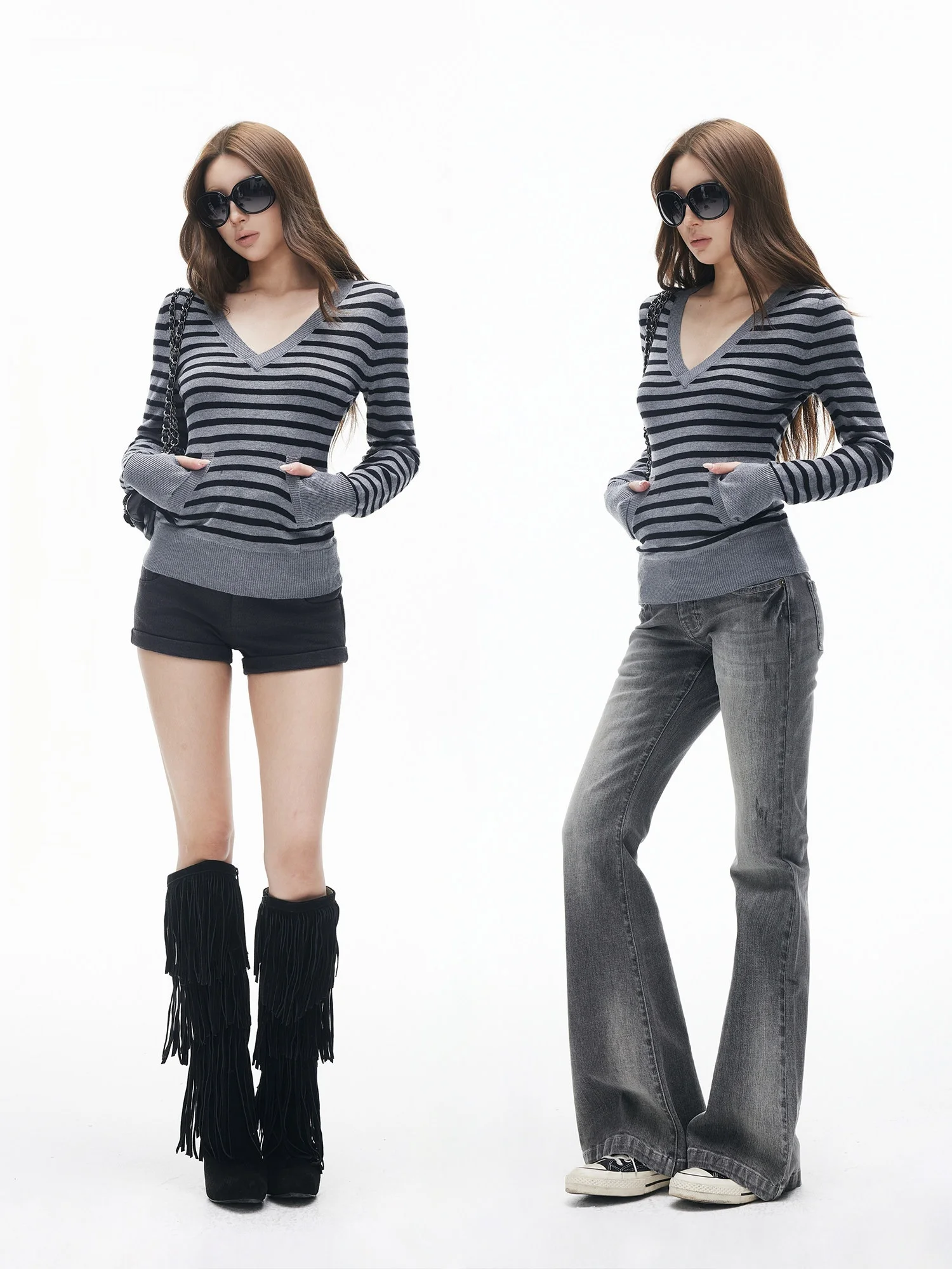 

Slim Fit Knitted Sweater V-Neck Long Sleeve Striped Heavy Workiamxiaa Retro Black Grey Heavy Work Knitwear with Pockets