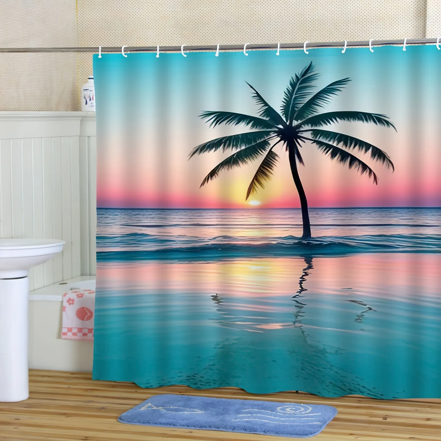 

Пляжная занавеска для душа с тропическим закатом, моющаяся грязеотталкивающая насадка для душа, водонепроницаемая полиэстеровая занавеска для ванны для домашнего декора