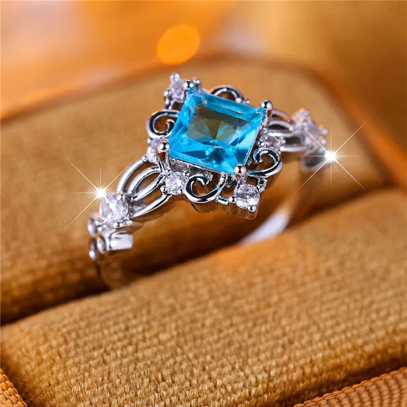 Cute Female Light Blue Zircon Stone Ring Silver Color Square Engagement Bride Wedding Jewelry For Women